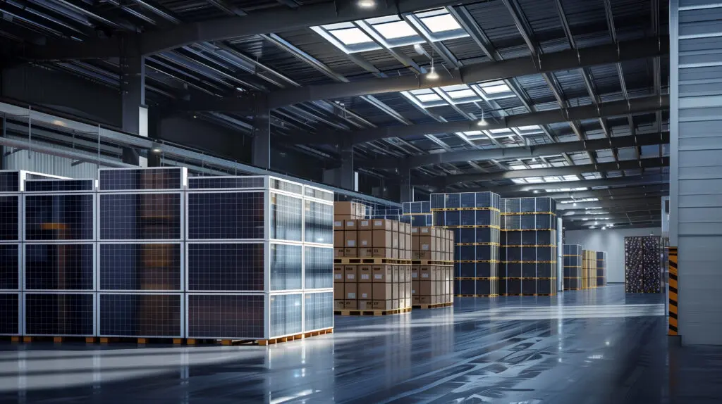 stock of solar panels in a modern warehouse ready for shipping